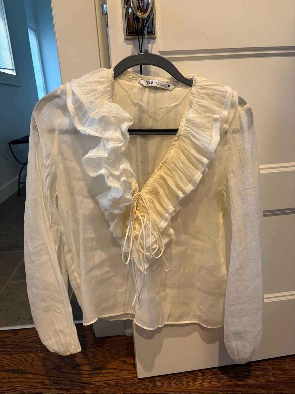 Zara Sheer Ivory Blouse with Ruffled Neckline